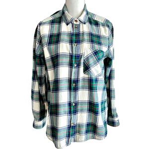 American Eagle Outfitters Boyfriend Fit Green Blue Plaid Cotton Flannel Size M